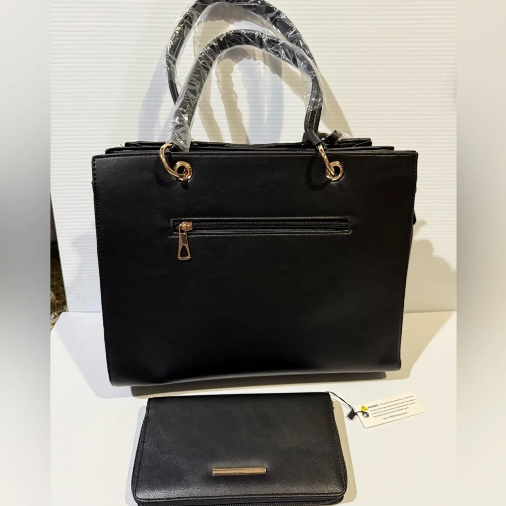 NWT 2PC Black Quilted Handbag with Crossbody Strap, Bag Charm and Wallet
